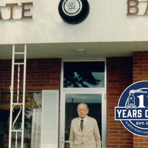 Harold Olsen standing outside of Lisco State Bank