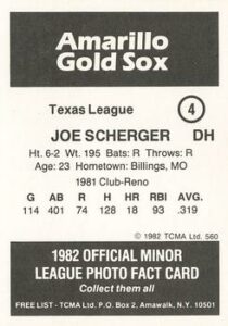 Image shows Joe Scherger's baseball card for the Amarillo Gold Sox, an organization of the San Diego Padres. Scherger had a batting average of .319, 18 home runs, and 93 RBIs.