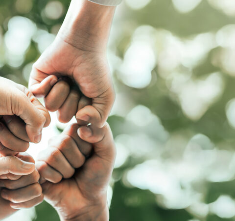Four people fist-bumping each other in solidarity.