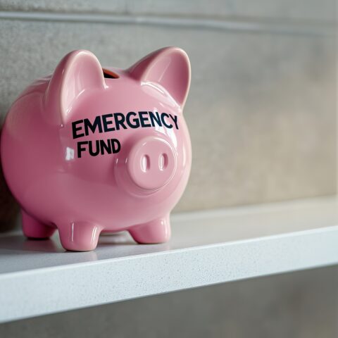 A pink piggy bank labeled 'Emergency Fund' sitting on a shelf, symbolizing savings and financial security. fund for emergency