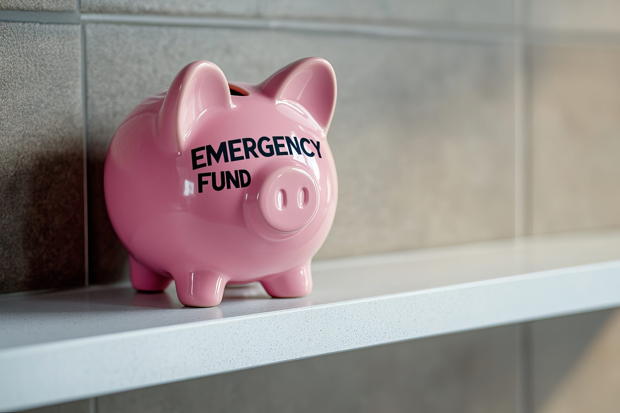 A pink piggy bank labeled 'Emergency Fund' sitting on a shelf, symbolizing savings and financial security. fund for emergency